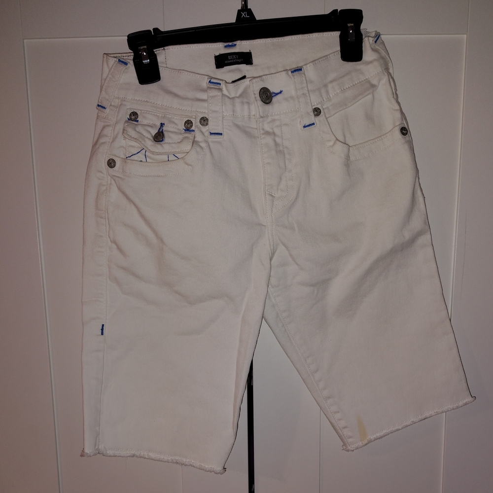White Denim Shorts with Blue Accents